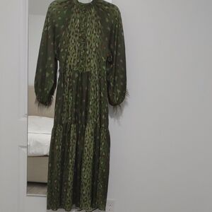 Elegant Olive Leopard Print Long Sleeve Dress
